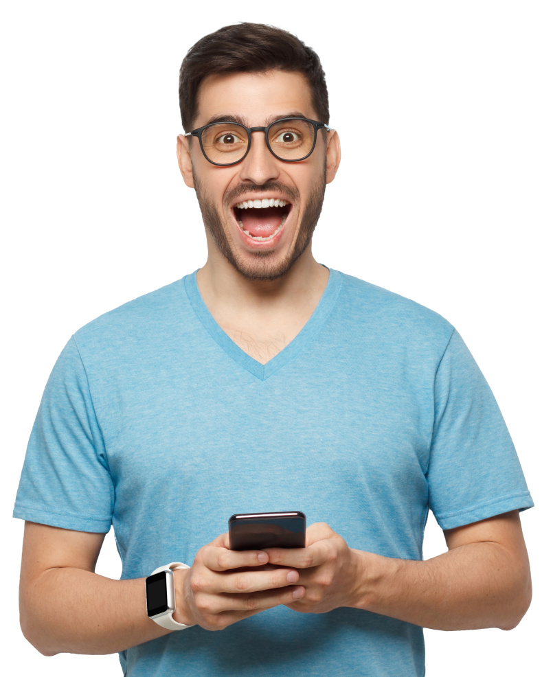 Excited man using smartphone
